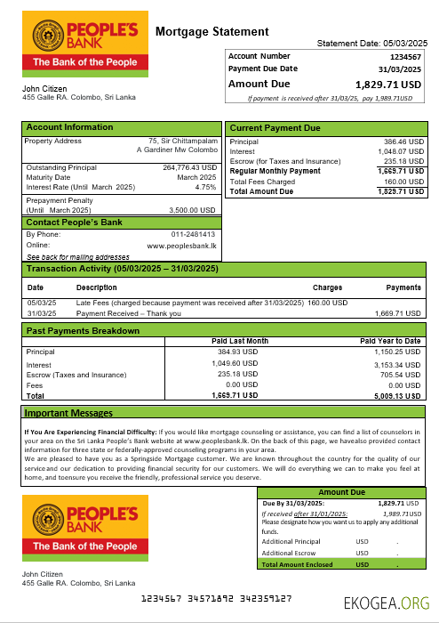 Relevé hypothécaire de la Banque populaire du Sri Lanka aux formats Word et PDF